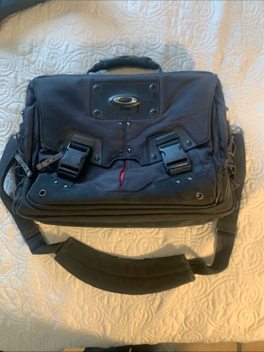 Oakley Black Messenger Bag with Red Accent and Padded Shoulder Strap